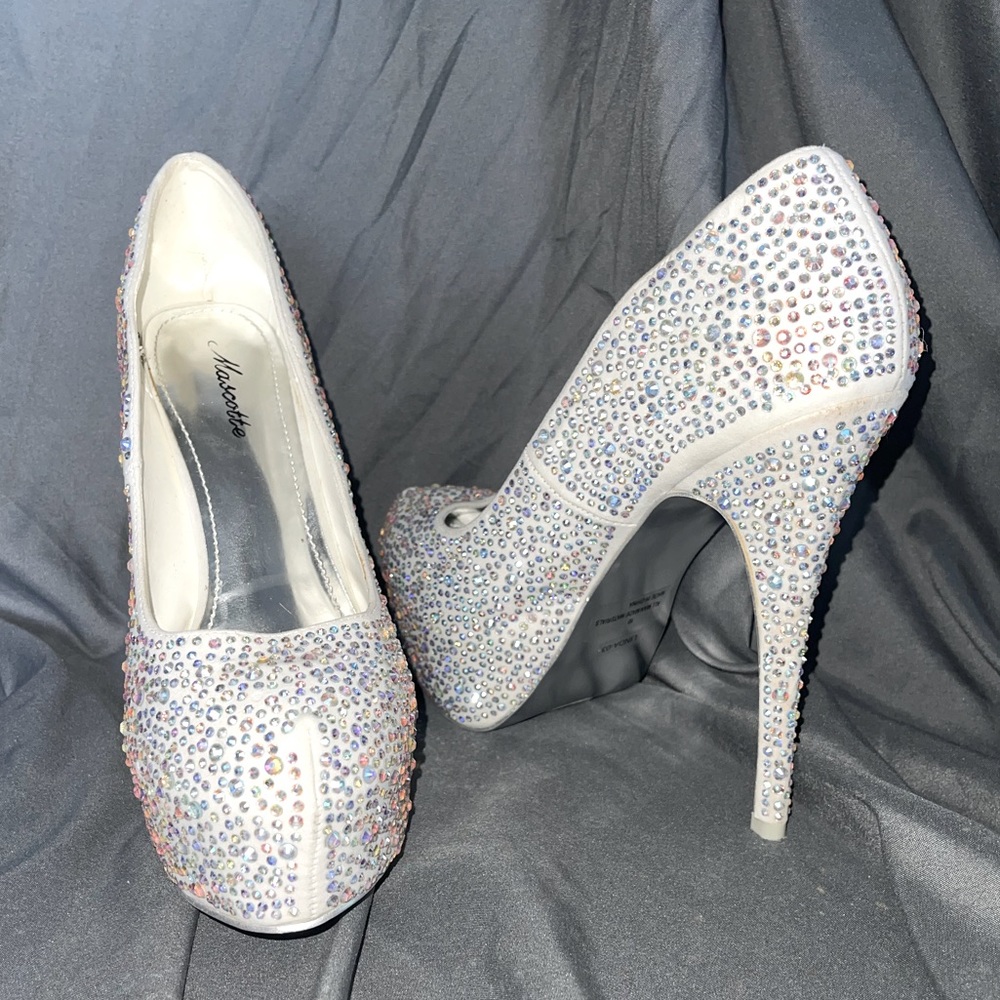 White rhinestone platform heels